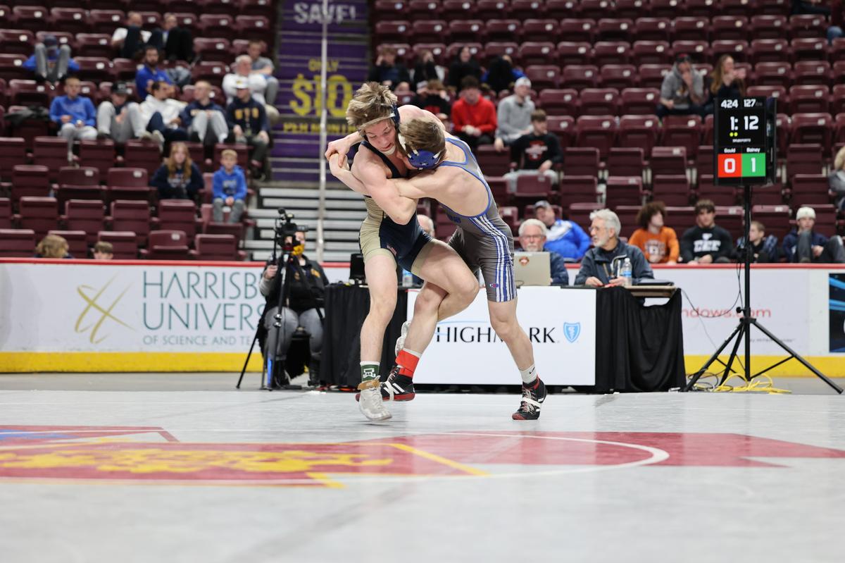 Bald Eagle Area’s Coen Bainey goes for a throw of Conneaut’s Hunter Gould in their 127-pound consolation semifinals match of the PIAA Class 2A Championships on Friday, March 10, 2023 at the Giant Center in Hershey. Bainey beat Gould, 6-2, and will wrestle for third.
