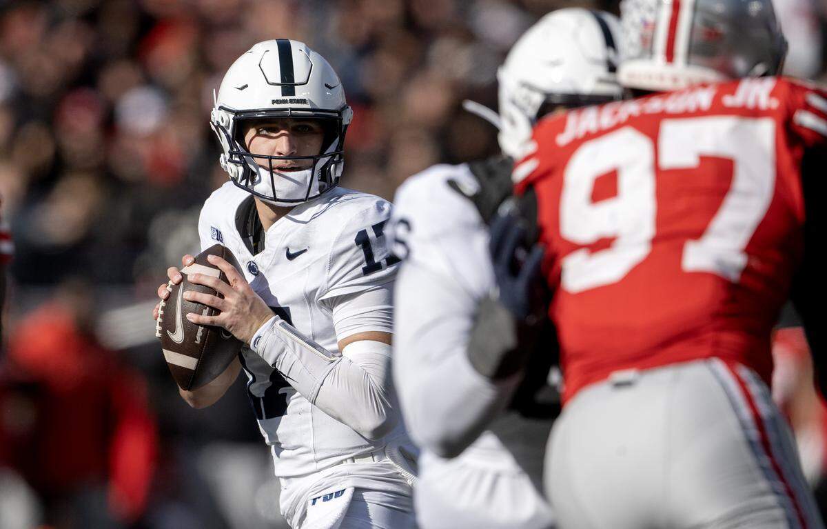 Penn State quarterback Ethan Grunkemeyer looks to make a pass during the game against Ohio State on Saturday, Nov. 1, 2025.