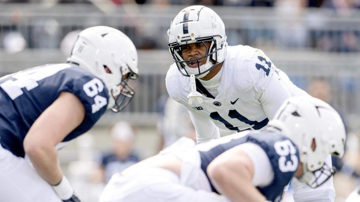 Penn State linebacker Abdul Carter lines up for a play during the Blue-White game on April 13, 2024.
