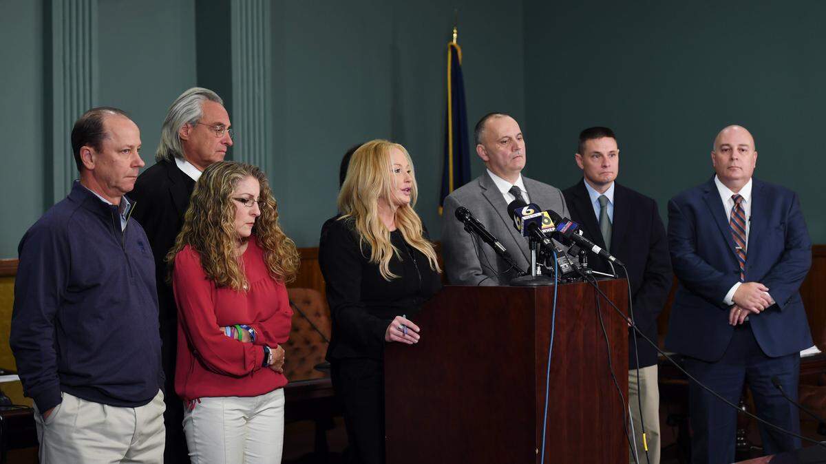 Former Centre County District Attorney Stacy Parks Miller holds a new conference on Nov. 13 in Bellefonte to speak about new evidence in the investigation of the Beta Theta Pi fraternity house basement surveillance that was deleted after Timothy Piazza's death in February 2017. Those brothers who were charged in November are up for a preliminary hearing in early May.
