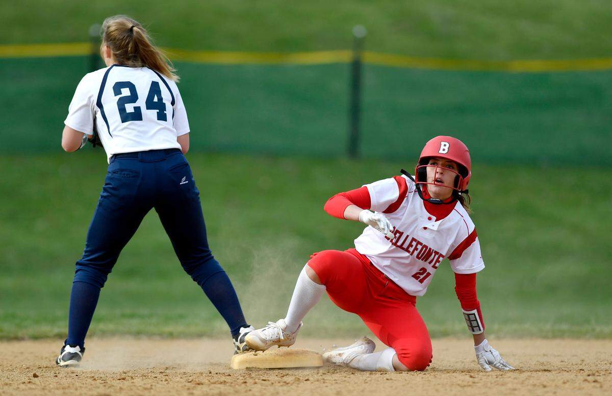 Bellefonte’s Grace Novisky slides after her double during the game against Penns Valley on Monday, April 4, 2022.