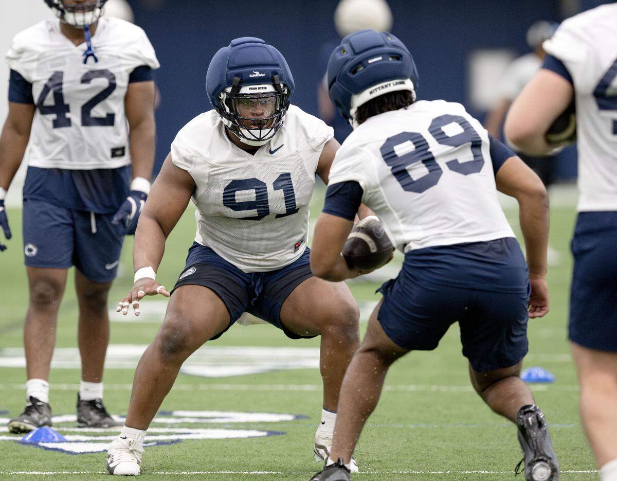 Penn State defensive tackle Armstrong Nnodim runs a drill during spring practice on Thursday, March 26, 2026.  