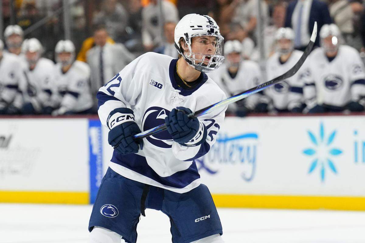 Oct 3, 2025; Tempe, AZ, USA; Penn State Nittany Lions forward Gavin McKenna (72) in action against the Arizona State Sun Devils during the third period at Mullett Arena. Mandatory Credit: Joe Camporeale-Imagn Images