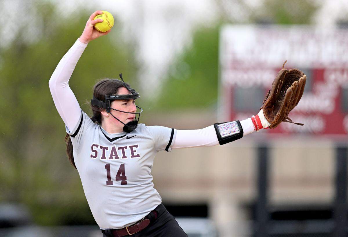 State College’s Addison Harpster pitches during the game against Mifflin County on Monday, April 24, 2023.