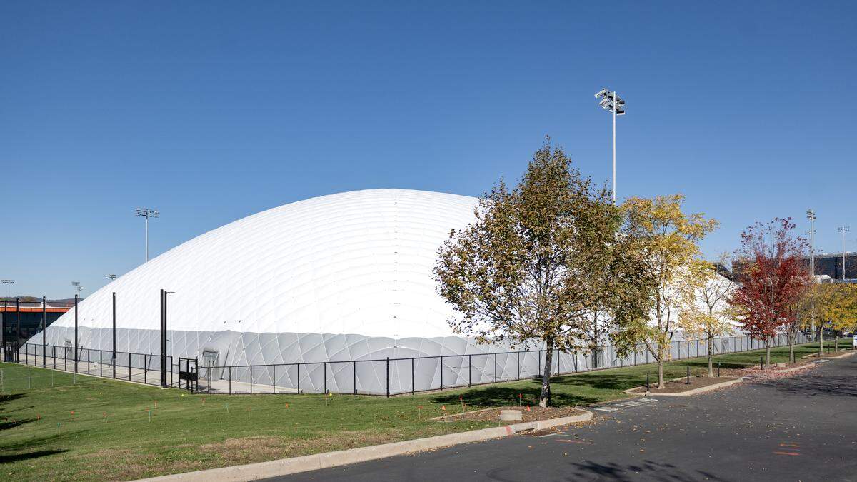 The indoor bubble practice facility has been inflated next to Jeffrey Field on Monday, Oct. 27, 2025.  