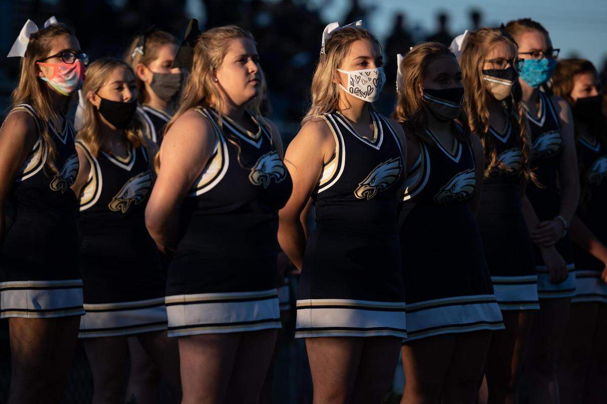Bald Eagle Area High School cheerleaders watch on during Bald Eagle Area High School’s game against Martinsburg Central High School on Friday, Sept. 11, 2020 in Wingate, PA.