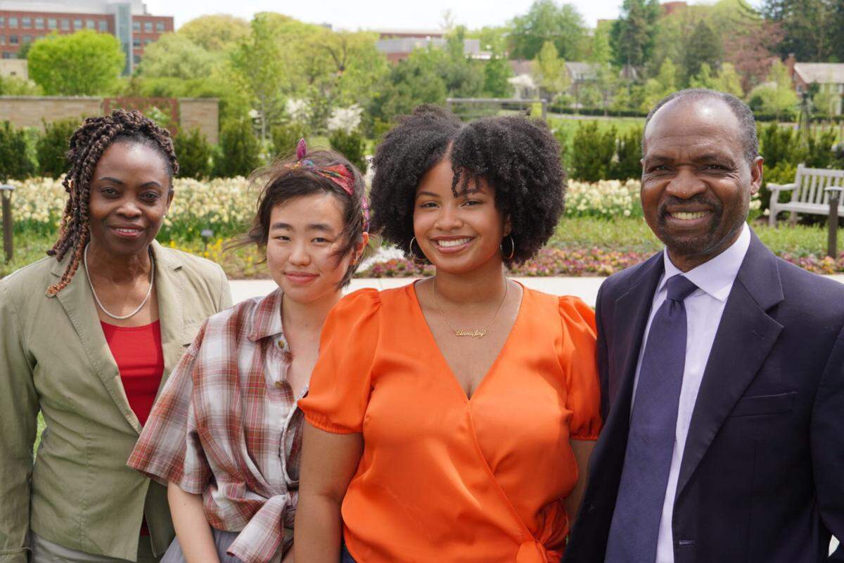 The parents of Osaze Osagie, Iyun and Sylvester, far left and far right, pose with two of the three scholarship recipients from the Osaze Osagie Scholarship Endowment Committee. Soon-to-be State High grads Catherine Wang (second from left) and Elana Laing (third from left) were among the first group of scholarship recipients, along with Jashaun Green, who is not pictured.
