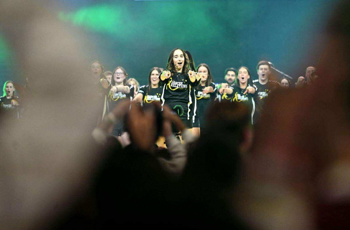The dancer relations captains lead the line dance of the first time at Penn State Thon on Friday, Feb. 21, 2025.
