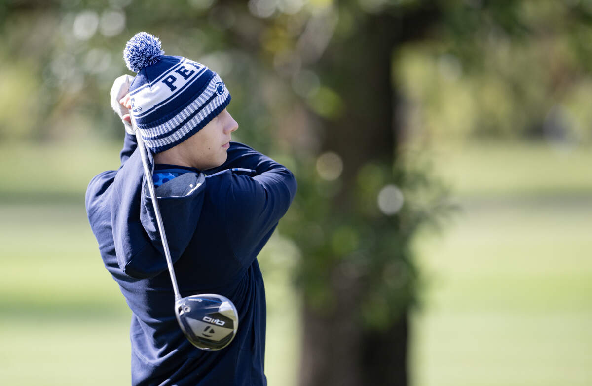 Philipsburg-Osceola’s Jake Lucas tees off during the PIAA State Golf Championships on Monday, Oct. 2025, at the Penn State White Course.