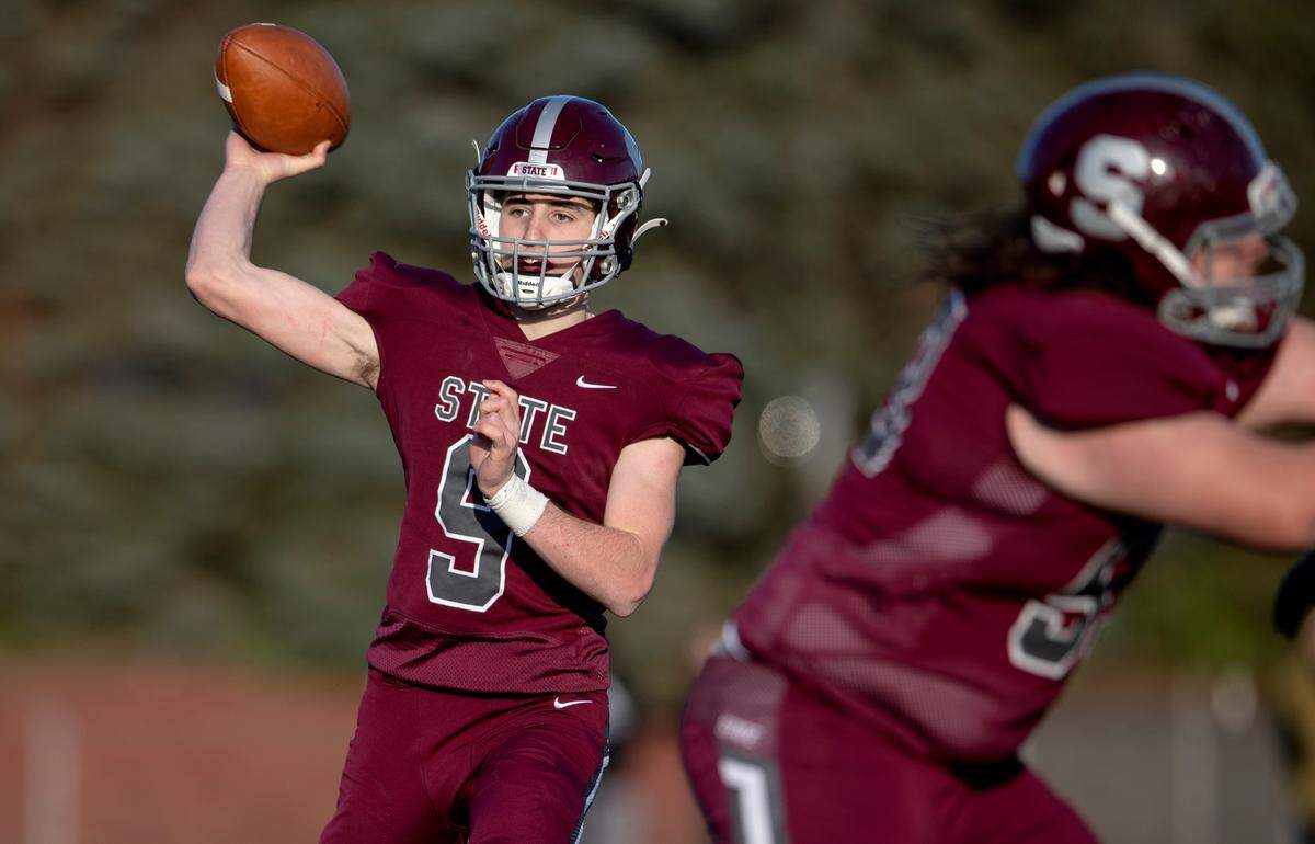 State College quarterback Owen Yerka makes a pass during the PIAA class 6A semifinal game on Saturday, Dec. 4, 2021 at Mansion Park. Mt. Lebanon won, 49-28.
