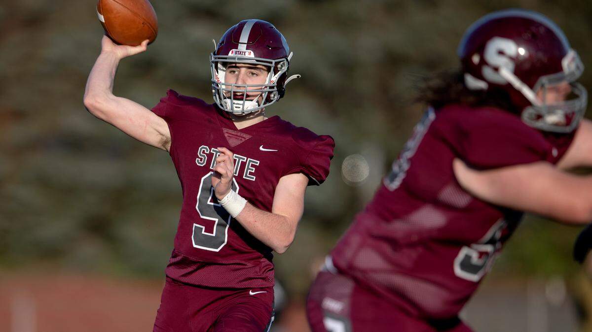 State College quarterback Owen Yerka makes a pass during the PIAA class 6A semifinal game on Saturday, Dec. 4, 2021 at Mansion Park. Mt. Lebanon won, 49-28.