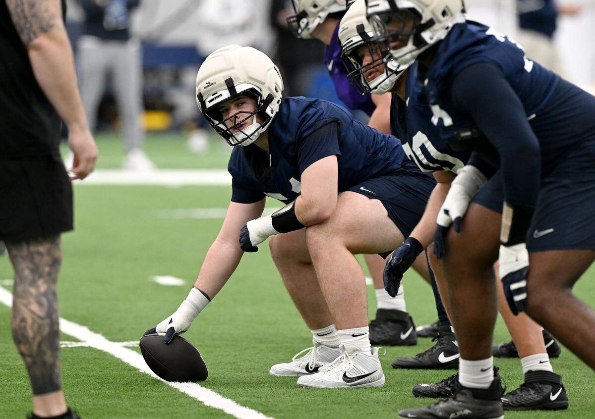 Penn State offensive lineman Brock Riker lines up at center during spring practice on Thursday, March 26, 2026.