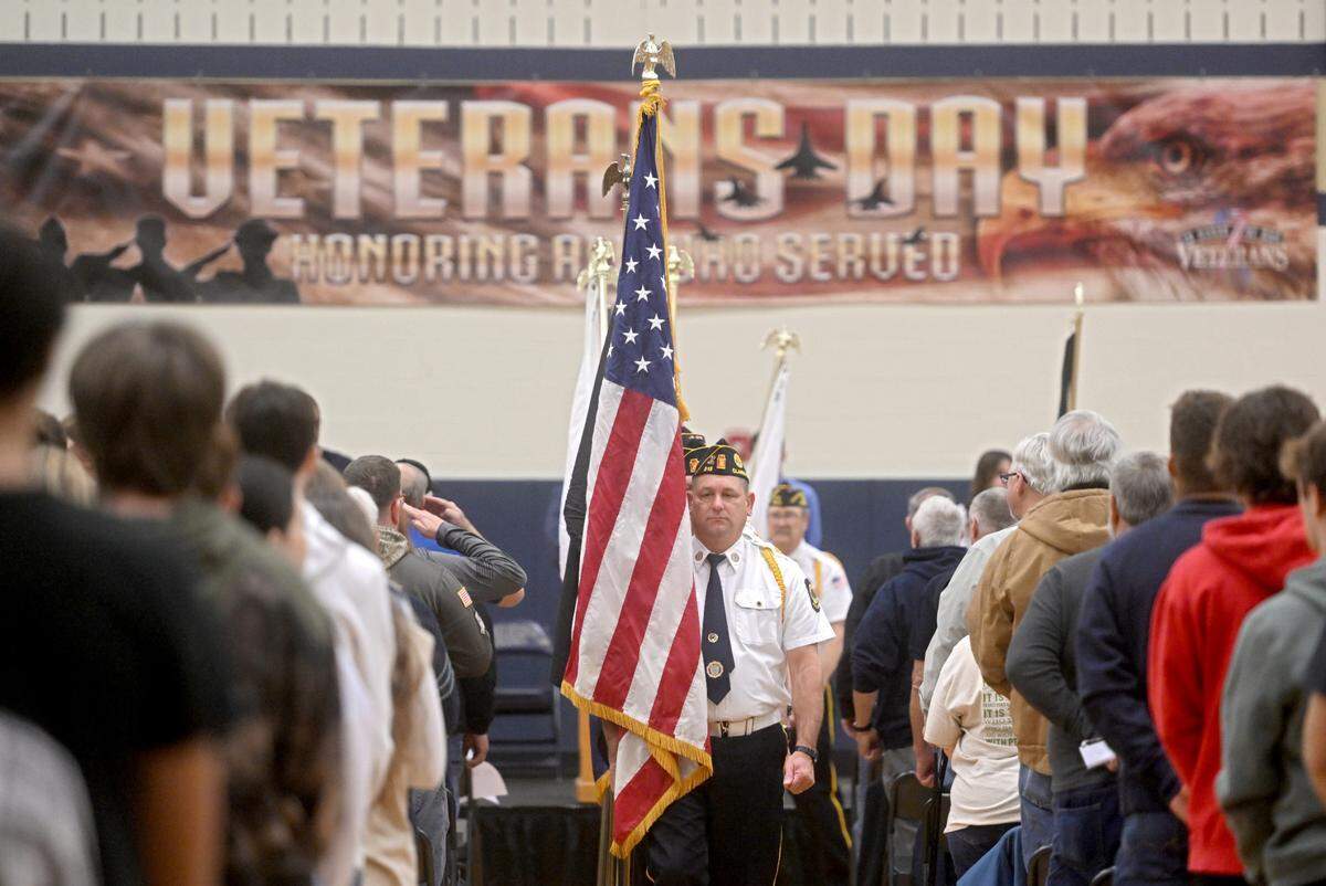 The colors are retired by members of the Clarence and Snow Show American Legions to end Bald Eagle Area school district’s Veterans Day celebration on Thursday, Nov. 9, 2023.
