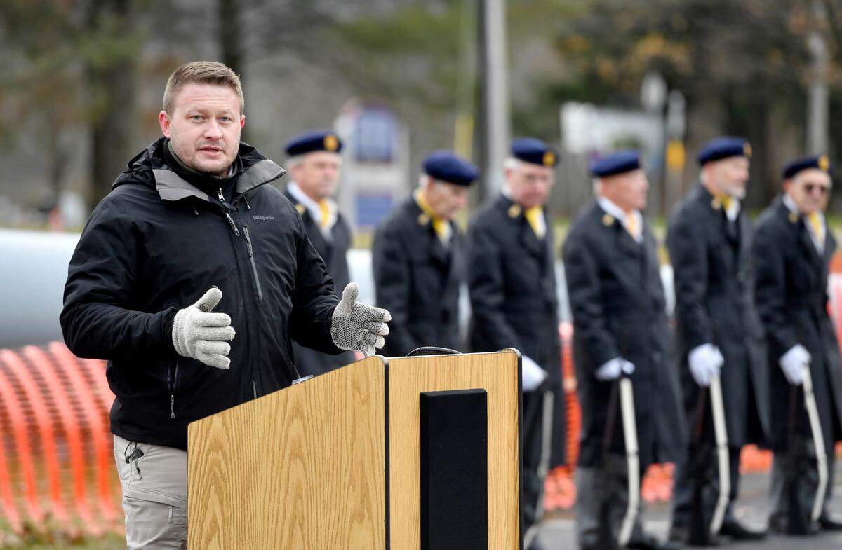 Tyler Gum speaks during the Pennsylvania Military Museum’s Pearl Harbor Day commemoration Tuesday.