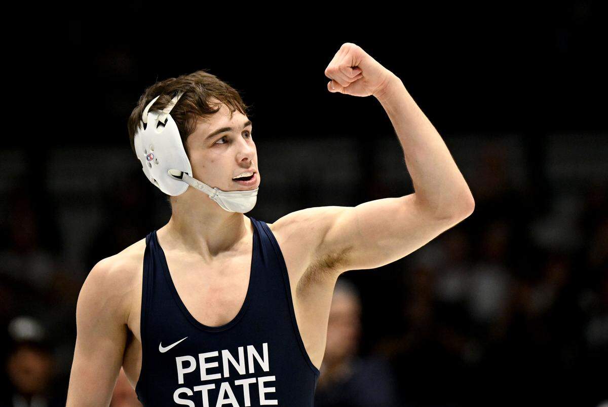 Penn State’s Luke Lilledahl celebrates his pin of Indiana’s Jacob Moran in the 125 lb bout of the match on Friday, Jan. 23, 2026.