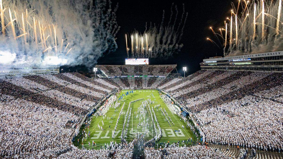 Fireworks light up the sky as the Penn State football team runs out for the ‘Stripe Out’ game against Indiana at Beaver Stadium on Saturday, Oct. 2, 2021.