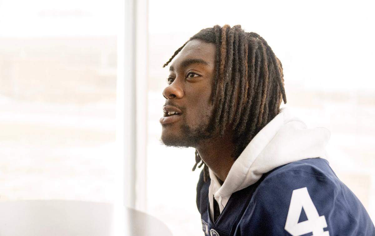 Penn State wide receiver Tyseer Denmark answers questions during a media availability on Tuesday, Feb. 11, 2025.