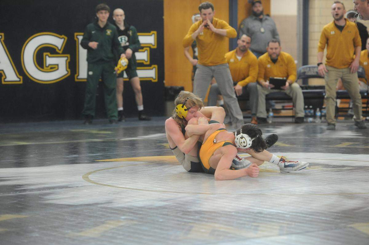 Bald Eagle Area’s Gavin Guenot controls Forest Hills’ Isaiah Shilcosky in their 106-pound bout of the Eagles’ 32-30 loss in the District 6 Class 2A semifinals on Saturday, Feb. 5, 2022. Shilcosky defeated Guenot, 6-3.
