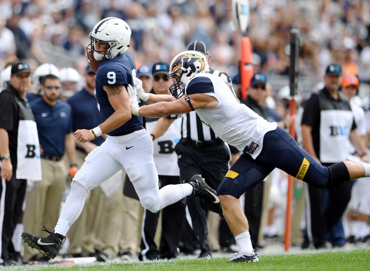 Penn State’s Trace McSorley runs along the sideline against Kent State Saturday, Sept. 15, 2018 at Beaver Stadium.