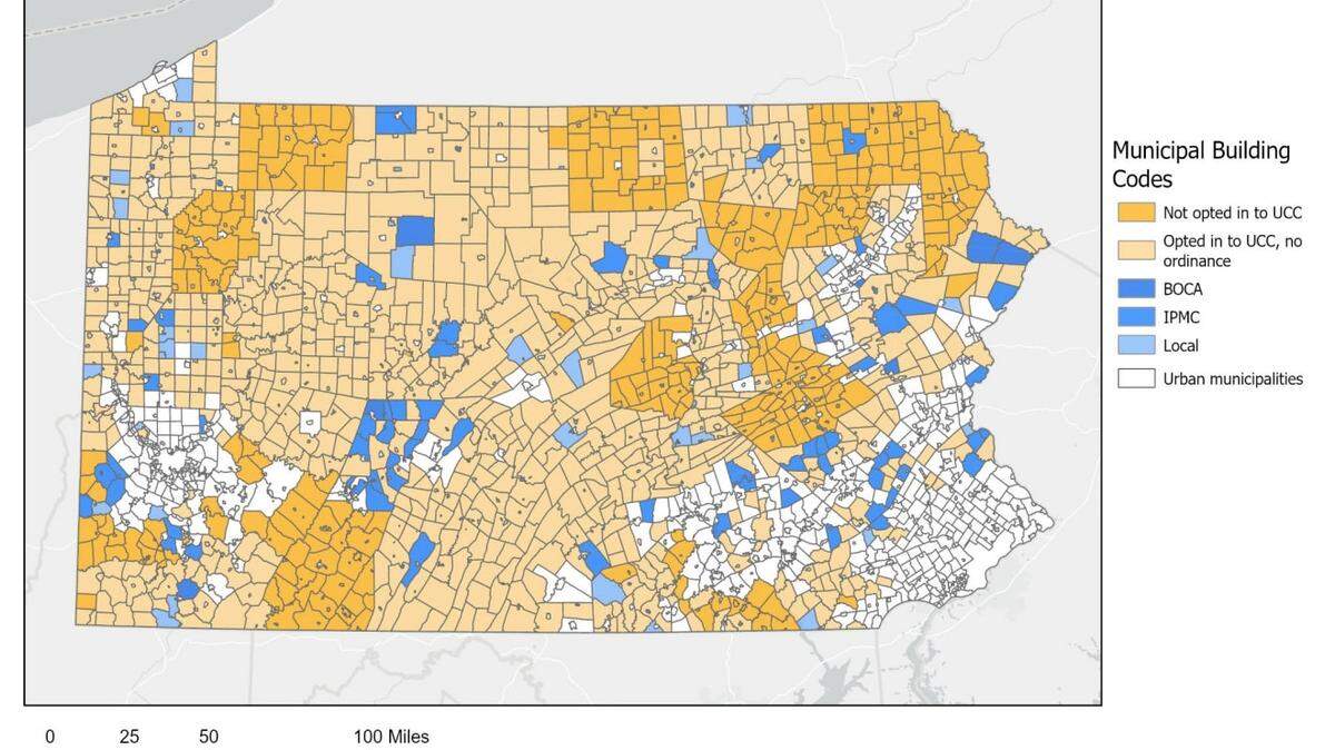 Map of municipal building and property maintenance codes in Pennsylvania.