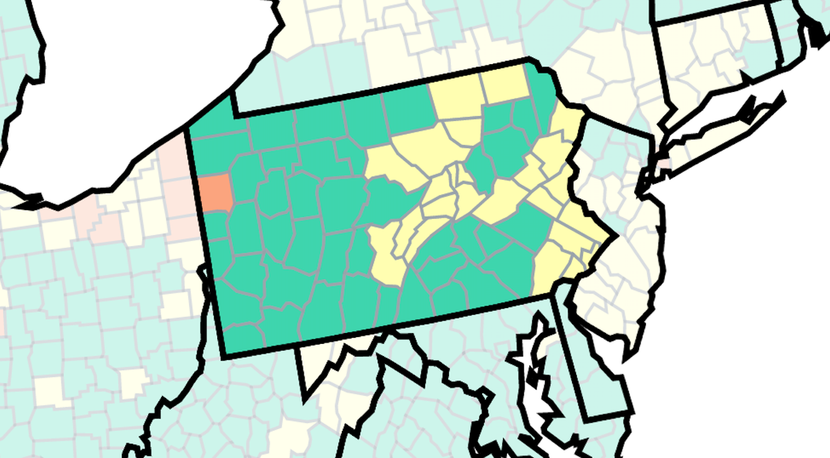 This map of Pennsylvania from the U.S. Centers for Disease Control and Prevention shows COVID-19 community levels by county as of Thursday, Nov. 24, 2022. The orange indicates high, yellow is medium and green is low.
