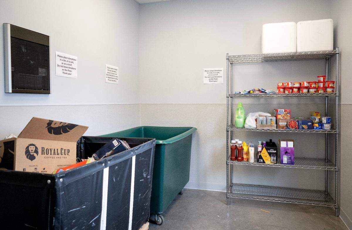 An indoor donation area at the State College Food Bank’s new location on Gerald Street on Wednesday, April 10, 2024.