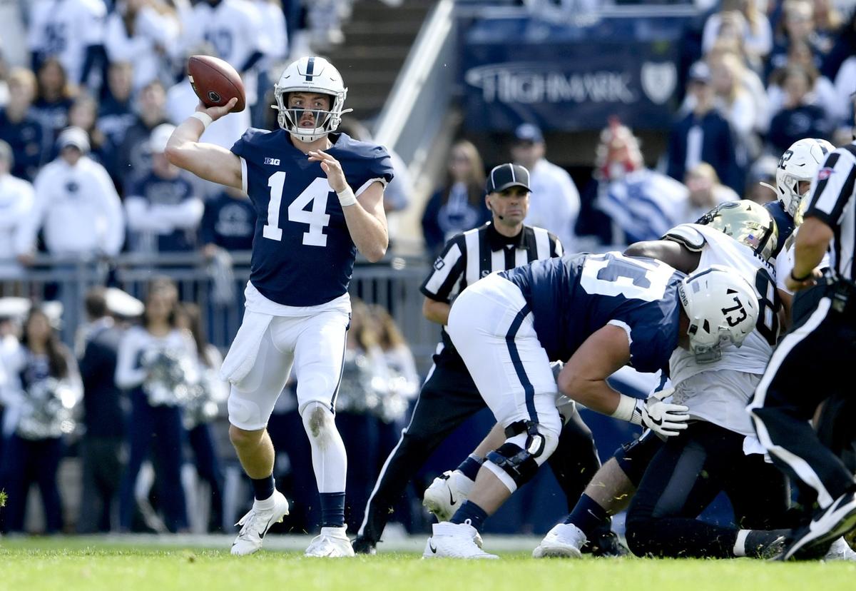 Penn State offensive lineman Mike Miranda stops the Purdue defense for quarterback Sean Clifford to make a pass during the game on Saturday Oct. 5, 2019.
