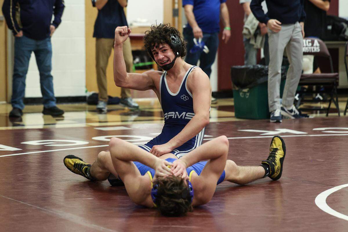 Penns Valley’s Tripp Watson celebrates his 139-pounds quarterfinals win over Chestnut Ridge’s Trenden Willey in the PIAA Class 2A Southwest Regional Championships on Friday, Feb. 27, 2026 in Altoona.