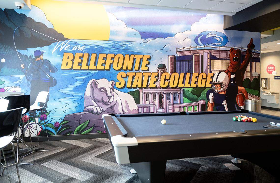 A mural painted in the new Tru Hotel by Hilton on Benner Pike is pictured during a grand opening celebration on Wednesday, April 22, 2026. The mural features what Beaver Stadium will look like when renovations are complete. 