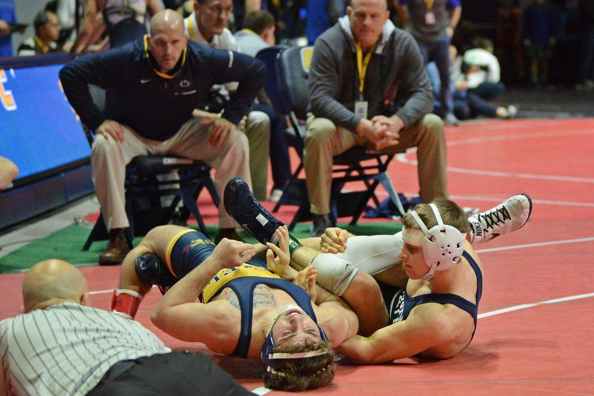 Penn State’s Devin Schnupp earns near-fall points on Drexel’s Antonio Mininno in their 125-pound first round match of the Southern Scuffle on Tuesday in Chattanooga, Tenn. Schnupp topped Mininno 13-5 but Schnupp was eliminated later in the day.