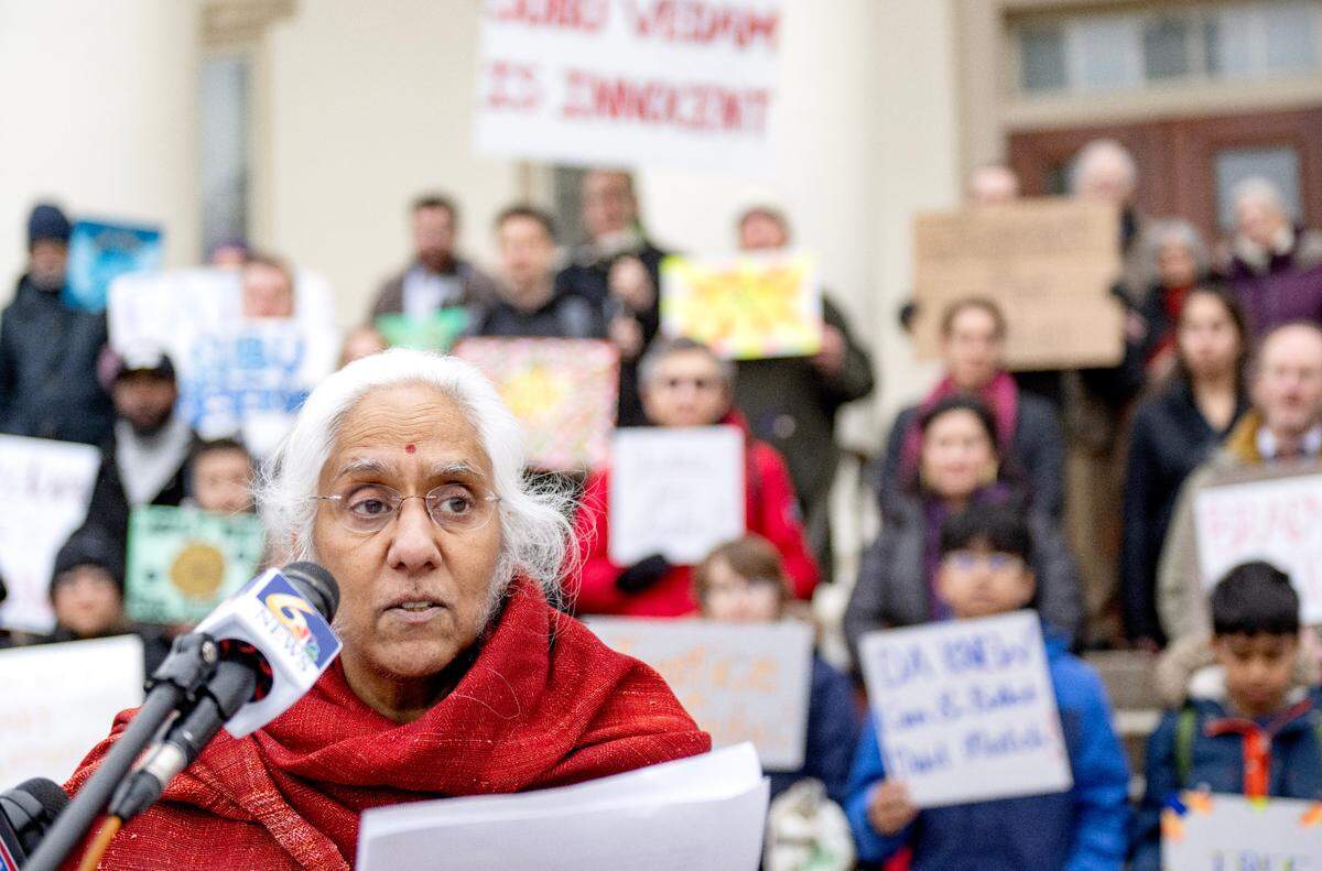 Saraswathi Vedam, Subramanyam “Subu” Vedam’s sister, talks about seeking justice for her brother on Feb. 6, 2025 at the Centre County Courthouse.