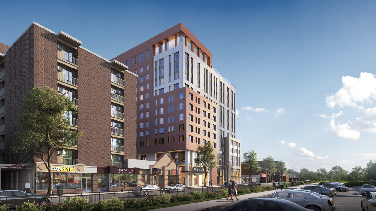 A 12-story building is proposed for the corner of East College Avenue and Sowers Street. The 155-foot building will be mixed use, as a multi-family residential apartment building with commercial and retail space. This conceptual design shows the view of the building from East College Avenue, looking west.