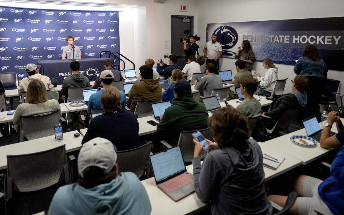 Penn State men’s hockey player Gavin McKenna answers questions to a full room for media day on Monday, Sept. 29, 2025.