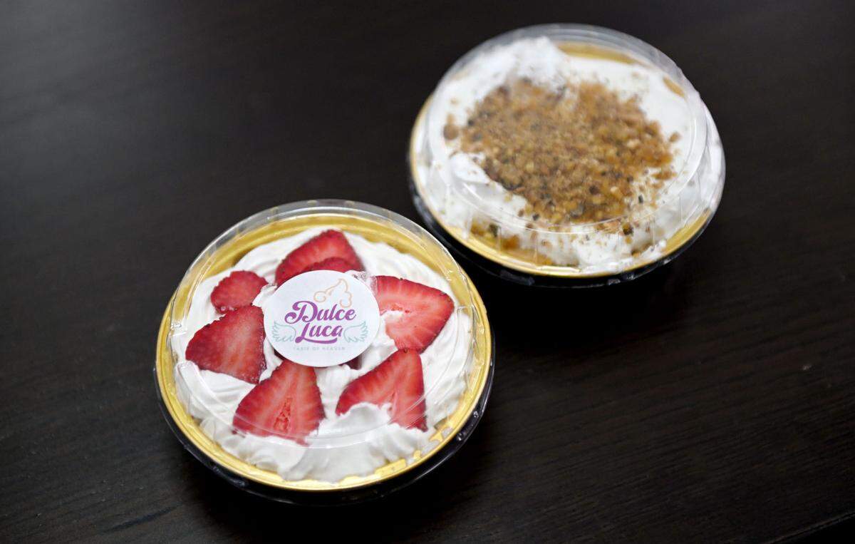 A strawberry tres leche and a pistachios tres leche from Dulce Luca Cafe on Calder Way on Friday, July 19, 2024.