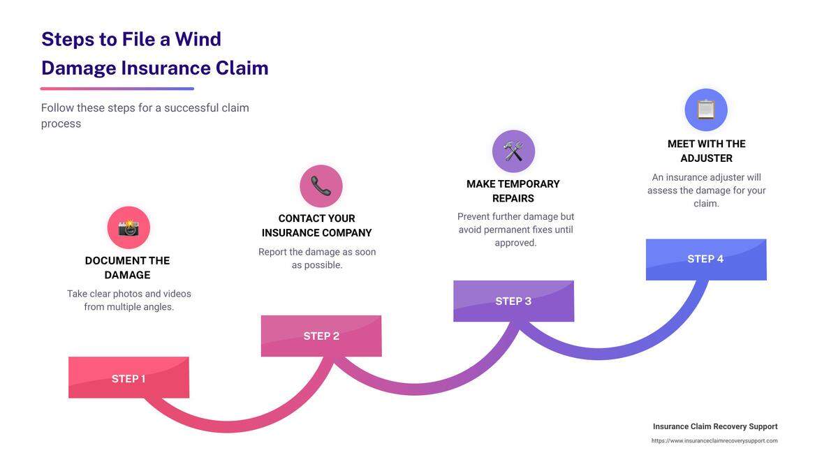 This graphic shows high-level steps for filing a claim against your insurance for wind damage.