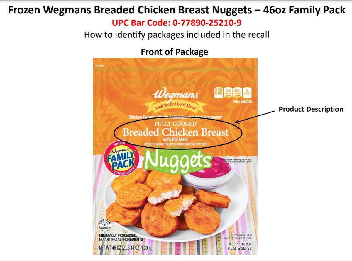 A public health alert from the USDA identifies a Wegmans chicken nugget product and warns that it may contain bone fragments.