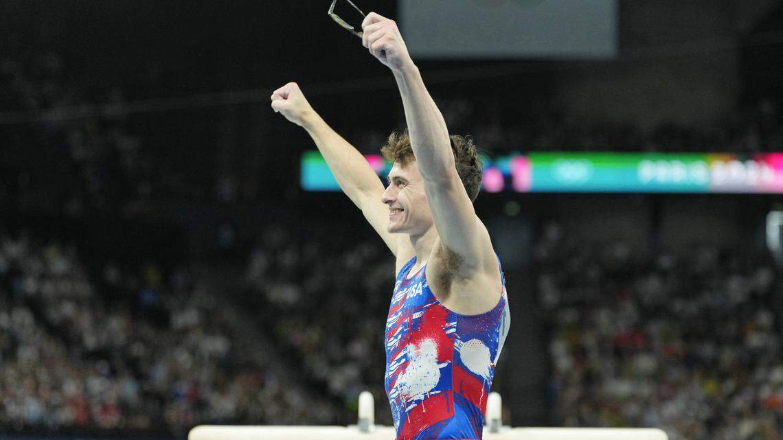 Jul 27, 2024; Paris, France; USA gymnast Stephen Nedoroscik reacts after performing on the pommel horse during the Paris 2024 Olympic Summer Games at Bercy Arena. Mandatory Credit: Kyle Terada-USA TODAY Sports