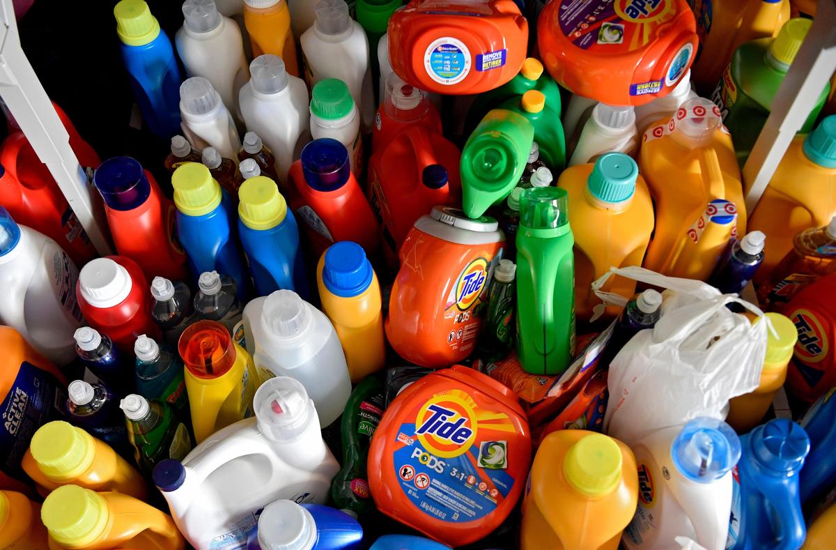 Bottles of detergent and soaps will be donated to the food bank through the State College “Stuff the Bus.”
