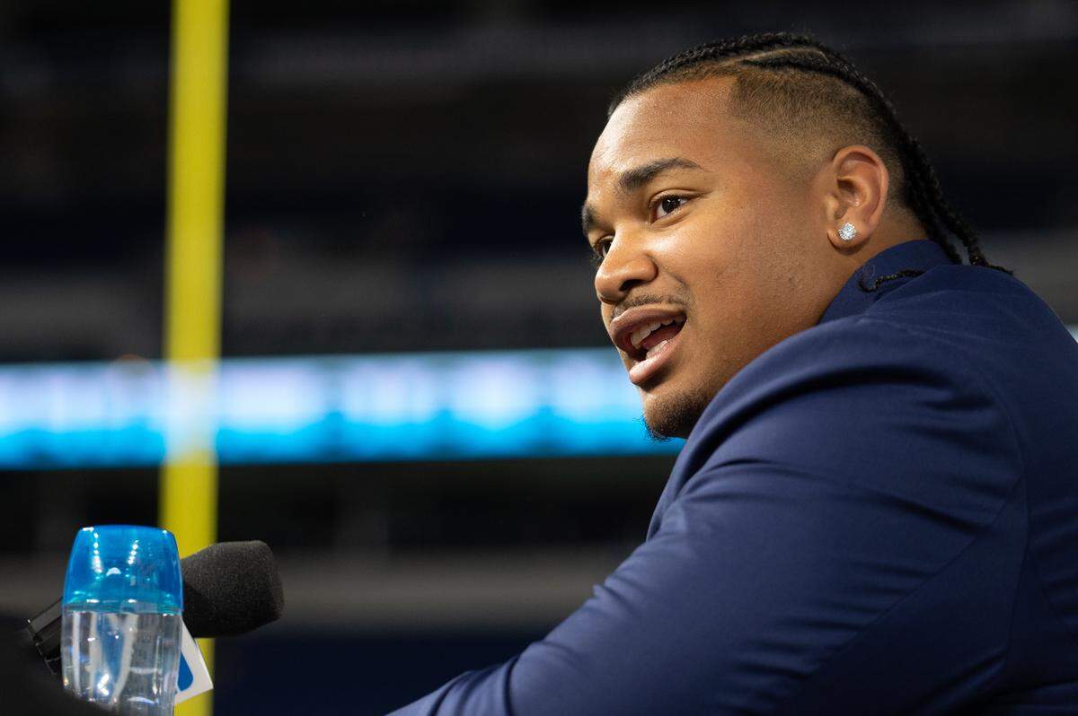 Penn State defensive tackle Dvon J-Thomas speaks at Big Ten Media Days at Lucas Oil Stadium in Indianapolis on Wednesday, July 24, 2024.