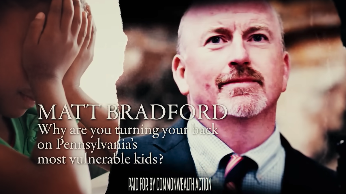 A screenshot from an ad against state House Majority Leader Matt Bradford paid for by the dark money group Commonwealth Action.