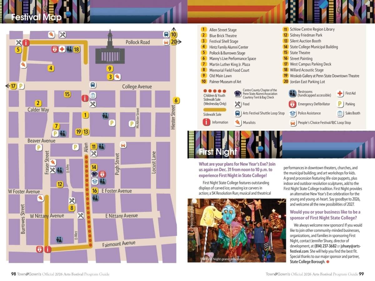 This map shows the layout of this year’s Central Pennsylvania Festival of the Arts, including points of interest and key facilities.