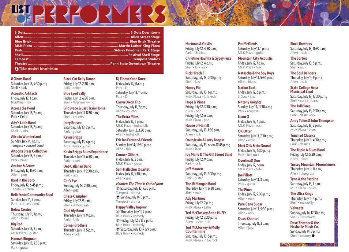 This schedule offers a look at tentative times and locations for performances at this year’s Arts Fest.