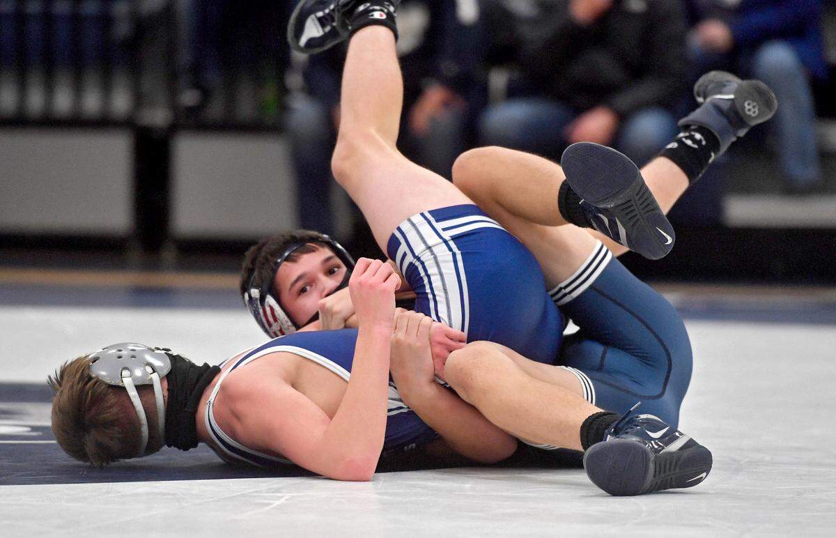 Philipsburg-OsceolaÕs Marcus Gable controls Penns ValleyÕs Hayden Yearick in the 120 lb bout during the match on Tuesday, Jan. 19, 2021. Gable won by major decision, 15-3.