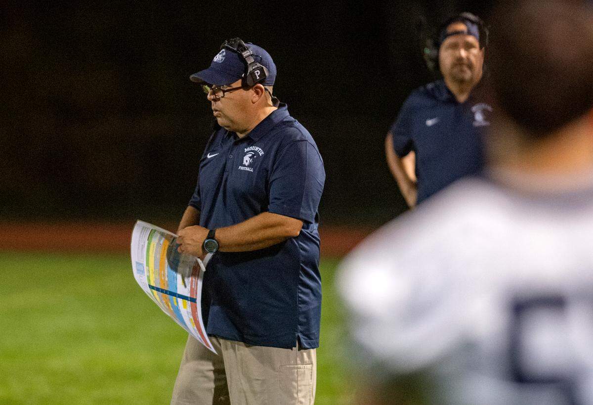 Philipsburg-Osceola football coach Jeff Vroman yells to his players during the game against Penns Valley on Friday, Sept. 17, 2021.