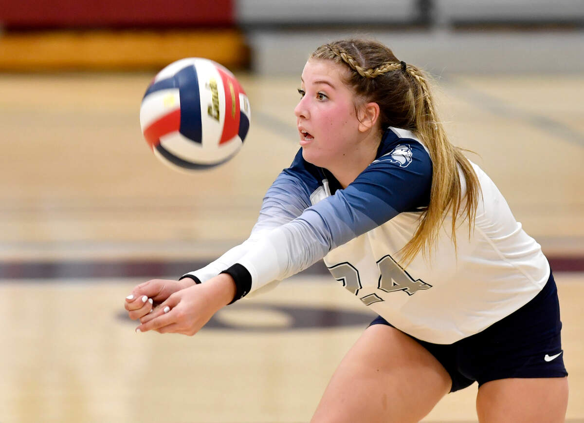 Philipsburg-OsceolaÕs Reese Hazelton bumps the ball during the District 6 2A championship game against Bald Eagle Area on Tuesday, Nov. 10, 2020 at Altoona High School.
