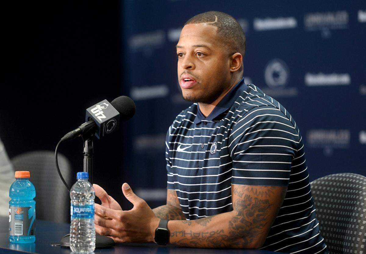 Penn State football wide receivers coach Marques Hagans speaks Tuesday during a media availability.