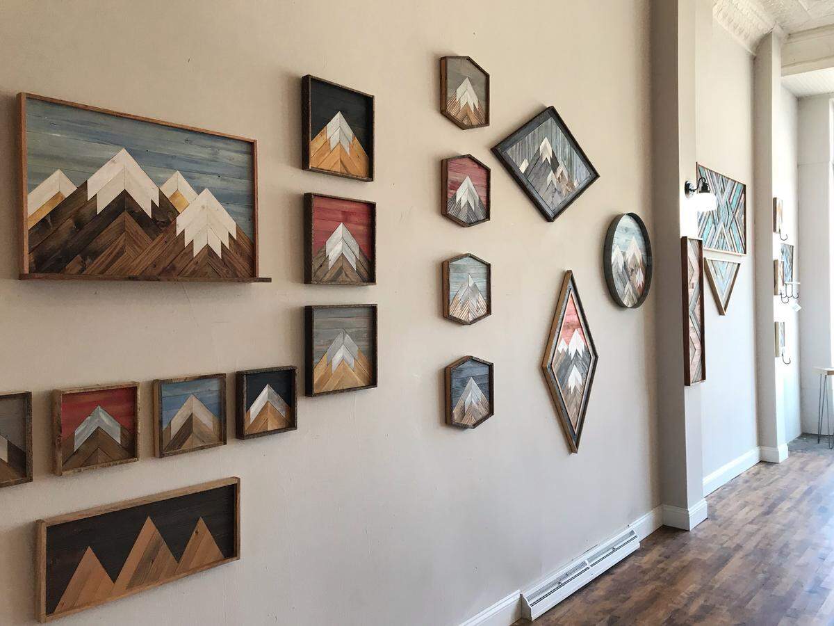 Reclaimed wood art on display at Smith and Front, a new art studio and gallery in downtown Philipsburg owned by husband and wife artists David and Staci Egan.