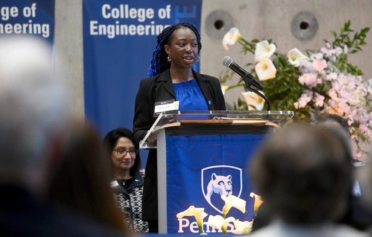 Penn State College of Engineering student Kennais May-Anne Simms speaks during the ribbon cutting and open house for the Engineering Design and Innovation Building on Friday, Feb. 24, 2023.