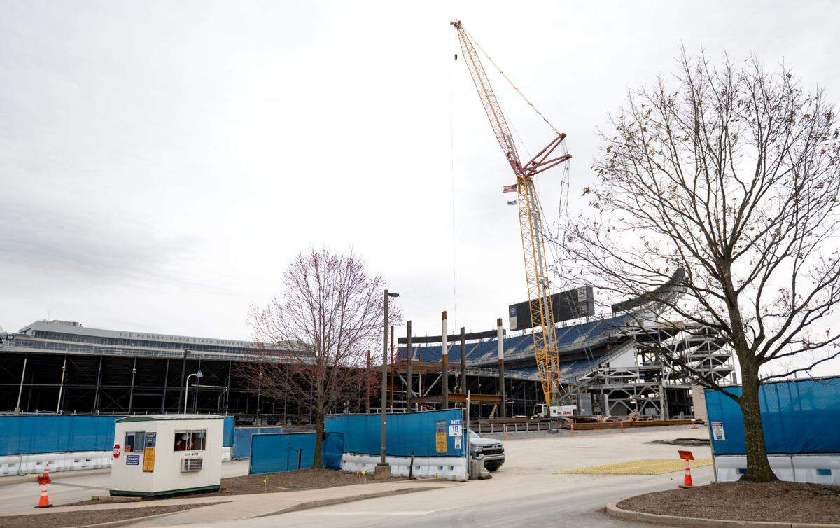 A large crane is on site as construction on the west side of Beaver Stadium continues on Wednesday, April 2, 2025.