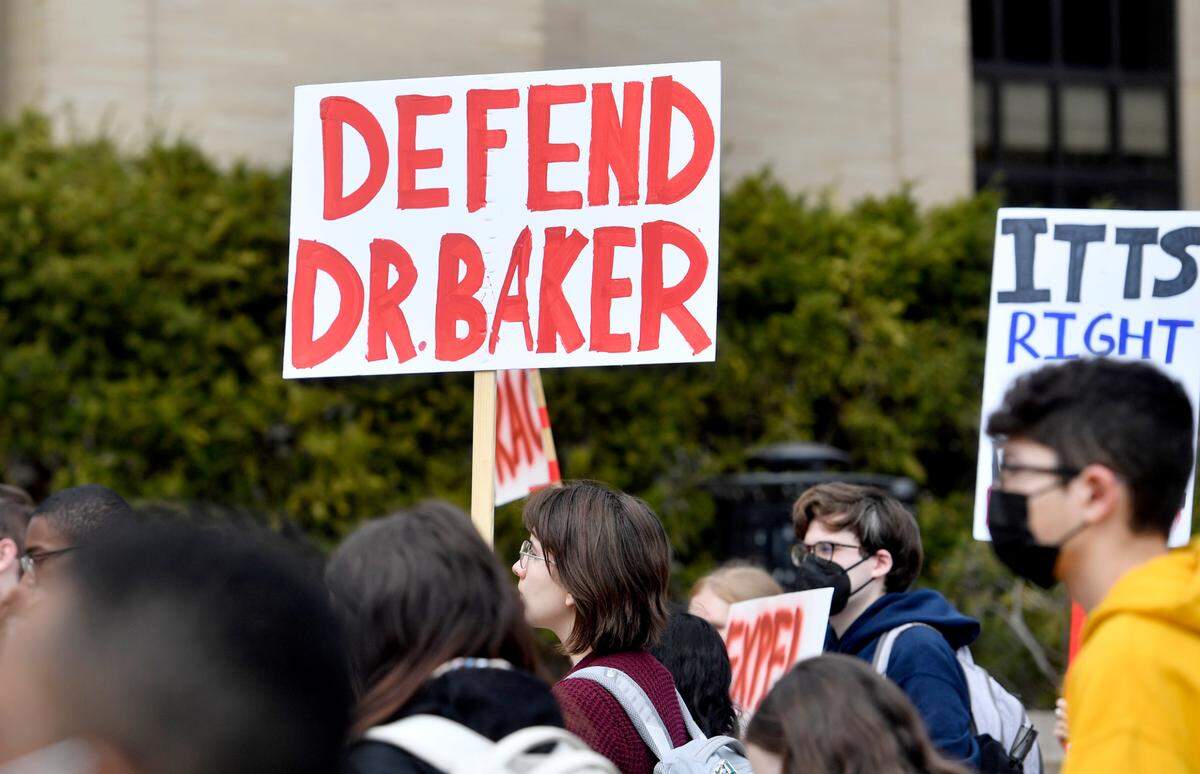 Students gathered and marched across the Penn State campus and downtown State College in support of professor Oliver Baker on Thursday, March 24, 2022.
